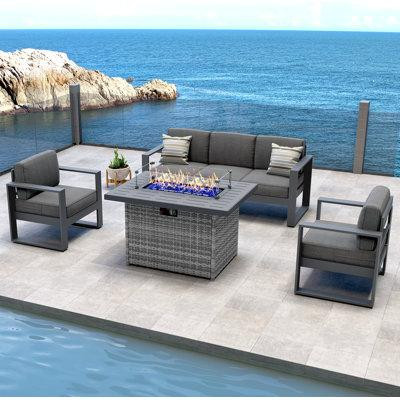 LayinSun Outdoor Aluminum Furniture Set With Fire Pit Table - 4 Pieces Modern Patio Conversation Sets Metal Sectional So in BBQs & Outdoor Cooking