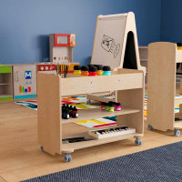 Bright Beginnings Commercial Wooden Mobile Cart With 2 Shelves And 3 Upper Cubbies