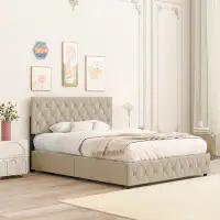 Latitude Run® Queen Beige Upholstered Platform Bed Frame With 4 Storage Drawers, Adjustable Linen Headboard