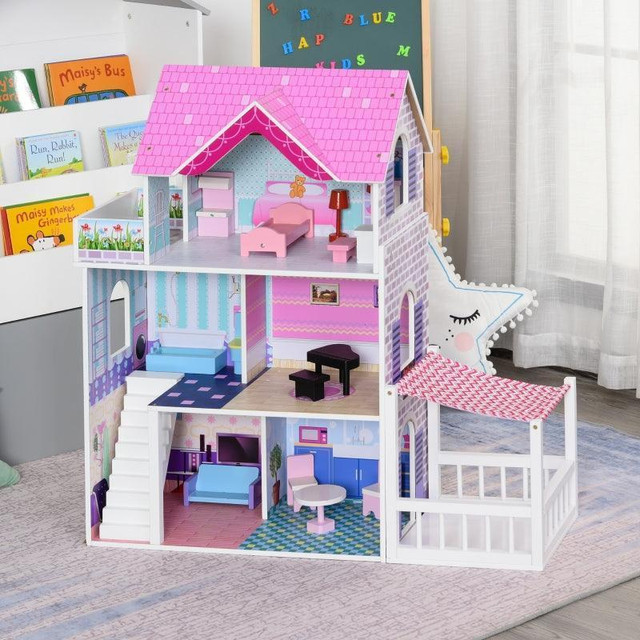 2.9FT KIDS WOODEN DOLLHOUSE DREAMHOUSE VILLA WITH PATIO DOLLHOUSE WITH FURNITURE ACCESSORIES in Toys & Games - Image 4