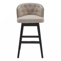 Red Barrel Studio 26 Inch Button Tufted Fabric Swivel Counter Stool, Angled Wood Legs, Beige