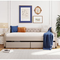 Red Barrel Studio Upholstered Daybed With Two Drawers, Wood Slat Support, Beige, Full Size