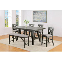 Gracie Oaks 6Pc Transitional Farmhouse Counter Height Dining Set Rectangular Table Upholstered Chairs Bench Dark Finish