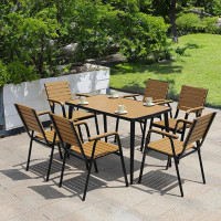 Hokku Designs Outdoor Plastic Wood Table And Chair Combination Leisure Plastic Wood Table And Chair Cafe Outdoor Dining