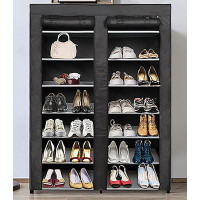 Rebrilliant 28 Pairs Portable Double Row Shoe Rack Shelf Cabinet Tower For Closet With Nonwoven Fabric Cover, Black