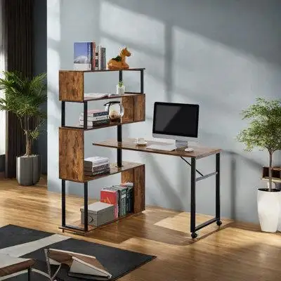 17 Stories L-Shaped Rotating Computer Desk with Bookshelf and Lockable Casters