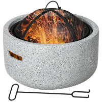 Outsunny 18" Round Outdoor Fire Pit with Screen, Poker, Wood-burning, Grey