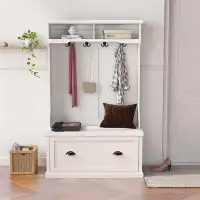 Orren Ellis Entryway Hall Tree With Coat Rack 4 Hooks And Storage Bench Shoe Cabinet White