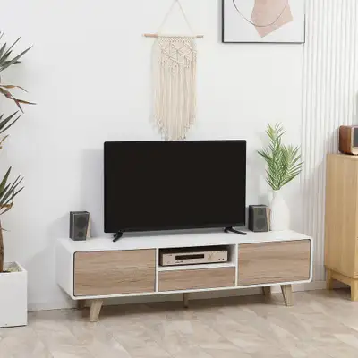 TV Stand 65"x15.75"x17.75" White, Nature Wood