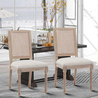 One Allium Way Classic Farmhouse Style Set Of Two Dining Chairs With Linen Upholstered Seat And Rattan Backrest, For Ind