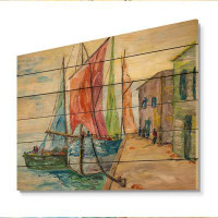 Breakwater Bay Blue And Red Sailboats In The Harbour - Nautical & Coastal Wood Wall Art Panels - Natural Pine Wood