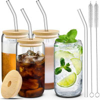 GARDELLA FURNITURE LLC 4 Glass Cups with Lids, Straws, and Brushes - 16 oz Drinking Cup Set