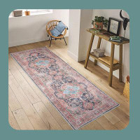 Bungalow Rose Oriental Machine Woven Runner 2'7" x 7' Polyester Area Rug in Red/Navy Blue