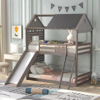 Harper Orchard Twin Over Twin Bunk Bed Wood Bed With Roof, Window, Slide, Ladder, Antique Grey