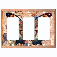 WorldAcc Metal Light Switch Plate Outlet Cover (Colourful Monarch Butterfly Damask Letter - Triple Rocker)