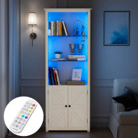 Latitude Run® Bookshelf With LED Light Strip, 5 Shelf Bookcase With Doors Tempered Glass Adjustable Shelves 70" Floor St