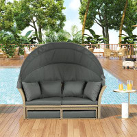 wendeway Outdoor Patio Daybed Wicker Rattan Double Daybed Round Sofa Furniture Set With Retractable Canopy