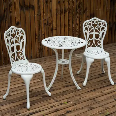 Antique 3pc Cast Aluminum Bistro Dining Table & Chair Set for Outdoor Garden Patio Deck - White