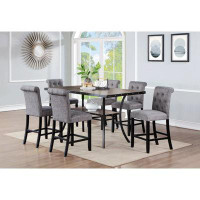 Latitude Run® Dining Room Furniture Natural Rectangle Top Dining Table 6X High Chairs Charcoal Fabric Tufted Roll Back T