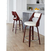 LumiSource Pino 24" Mid-Century Modern Fixed-Height Counter Stool With Swivel In Cherry Wood And White Faux Leather With