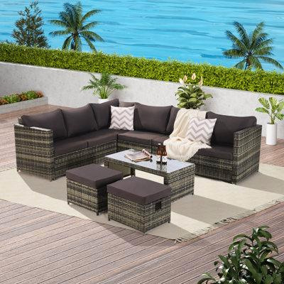 Latitude Run® 6-Piece Patio Furniture Set - Weather-Resistant Wicker With Tempered Glass Table in Patio & Garden Furniture