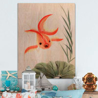 Bay Isle Home™ Vintage Goldfish And The Lotus Leaf - Nautical & Coastal Wood Wall Art Décor - Natural Pine Wood