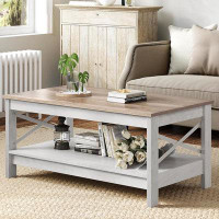 Gracie Oaks Gracie Oaks Coffee Table For Living Room,Modern Farmhouse Coffee Table With Storage,2-Tier Center Table For