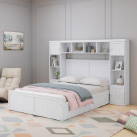 Red Barrel Studio Full-size White Wooden Bed With 4 Drawers, Integrated Cabinet & Shelving Unit - Elegance & Utility