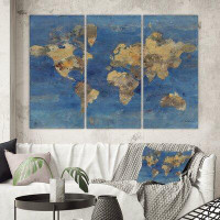 East Urban Home Golden Blue World Map - Multi-Piece Image Wrapped Canvas Painting Print