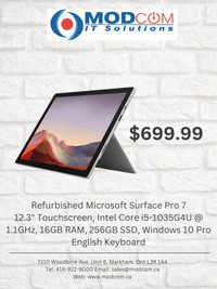 Microsoft Surface Pro 7 12.3 Touchscreen, Intel Core i5-1035G4U 1.1GHz, 16GB RAM, 256GB SSD, Windows 10 Pro,