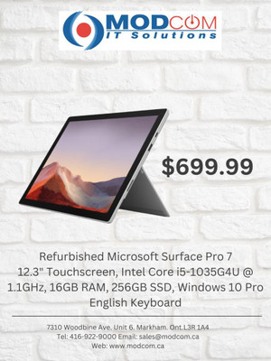 Microsoft Surface Pro 7 12.3 Touchscreen, Intel Core i5-1035G4U 1.1GHz, 16GB RAM, 256GB SSD, Windows 10 Pro, Canada Preview