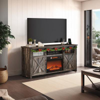 Gracie Oaks Shawnna Farmhouse Fireplace TV Stand with Power Outlet for 70+ Inch TV, Sliding Barn Glass Door