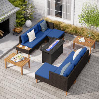 Ebern Designs Wooden Rattan Patio Conversation Set With Fire Pit Table