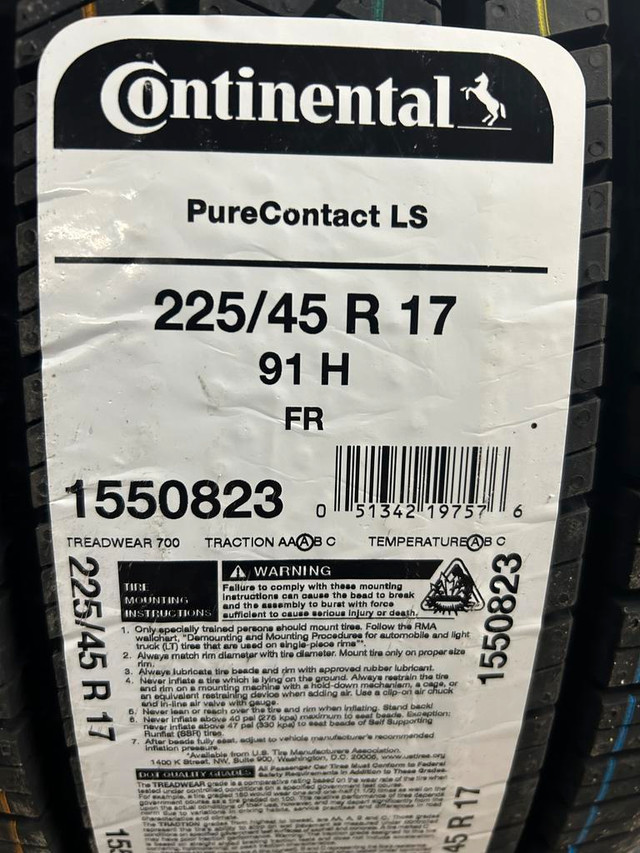 4 Brand New Continental Pure Contact LS in 225/45R17 All Season Tires $70 REBATE!! *** WallToWallTires.com *** in Tires & Rims in Ottawa / Gatineau Area