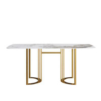 Everly Quinn 63"Modern Artificial Stone Pandora White Curved Golden Metal Leg Dining Table -6 People_Rectangular_artific