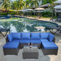 Latitude Run® Outdoor Garden Patio Furniture 7-Piece PE Rattan Wicker Cushioned Sofa Sets  And Coffee Table