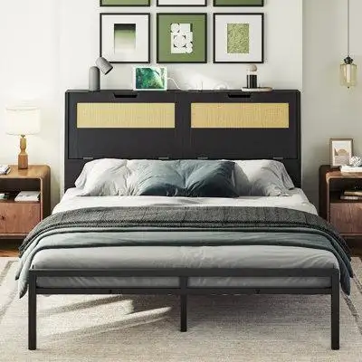 Bay Isle Home™ Queen Size Wooden Headboard With Rattan-like Accents And Storage