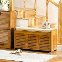 Latitude Run® Shoe Bench With Storage Cabinets, Bamboo Entryway Bench With Seating Cushion, 3 Doors And Hidden Compartme