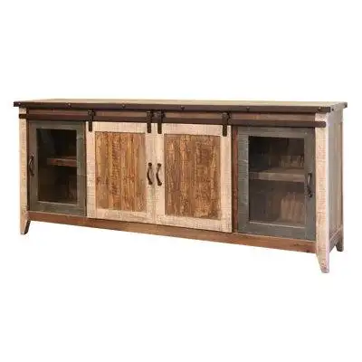 Loon Peak Antique Multicolor 80" TV Stand With 2 Glass Doors With 1 Middle Shelf, 2 Sliding Doors, With 2 Shelves