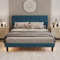Orren Ellis Ednah Stitched PU Leather Platform Bed with Wing-Backed Headboard and Lights Stitched