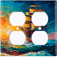 WorldAcc Metal Light Switch Plate Outlet Cover (Rustic Sea Ship Boat Sunrise Ocean Art - Double Duplex)