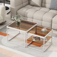 Ebern Designs Modern Nested Coffee Table Set With High-Low Combination Design, Brown Tempered Glass Cocktail Table With