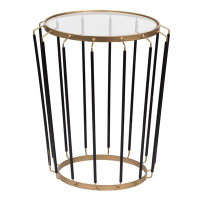 Mercer41 22 Inch Modern Iron Accent End Table, Cage Pattern, Glass Top, Gold, Black