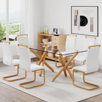 Ivy Bronx Chic 7-piece Dining Set: 0.39'' Tempered Glass Table, Wooden Metal Legs & White Pu Leather Chairs