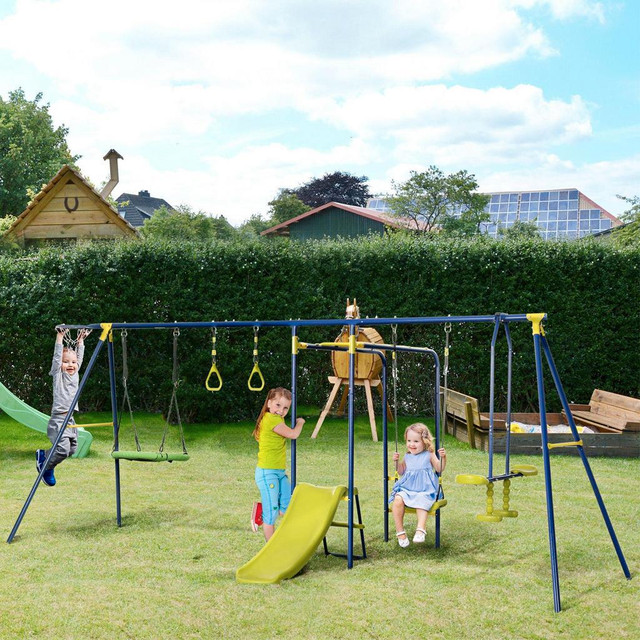 METAL SWING SET FOR BACKYARD WITH SAUCER SWING, GLIDER, SLIDE, GYM RINGS, BASKETBALL HOOP in Toys & Games - Image 3
