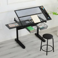 Inbox Zero Adjustable Tempered Glass Drafting Printing Table With Chair