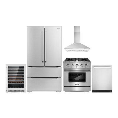 Cosmo 5 Piece Kitchen Package with French Door Refrigerator & 29.8" Freestanding Gas Range in Refrigerators