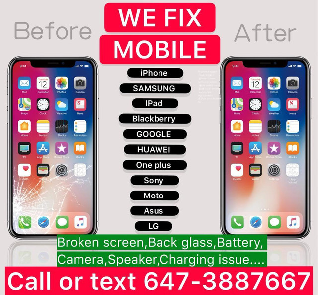 PHONE REPAIR, iPhone + Samsung + iWatch + iPad +GOOGLE+HUAWEI, cracked screen repair, battery, charging port, back glass in Cell Phone Services in Toronto (GTA)