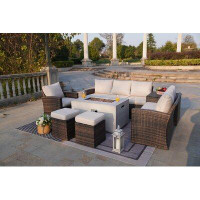 Red Barrel Studio Moda 43.5 In. X 27.36 In. X 23.8 In. H Brown Rectangular Wicker Outdoor Gas Fire Pits Dining Set