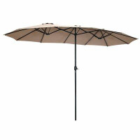 Arlmont & Co. 15' Twin Patio Umbrella Double-sided Outdoor Market Umbrella With Crank Beige
